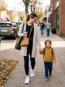 Alt Text: Mom wearing an athletic dress with sneakers for a casual outing.