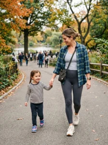 Mom wearing an elevated athleisure outfit with a structured jacket.