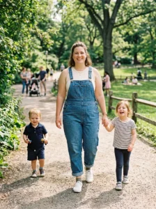 Alt Text: Plus size mom wearing supportive sneakers with a comfortable casual outfit.