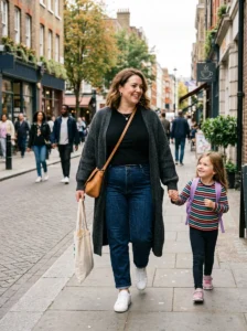 Alt Text: Plus size mom wearing denim overalls with a simple top.