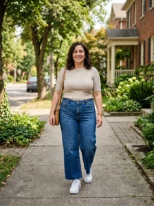 Alt Text: Plus size mom wearing wide-leg jeans with a fitted top.