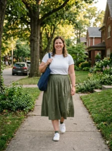 Alt Text: Plus size mom wearing a denim jacket over a soft dress.