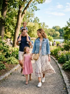 Alt Text: Boho mom outfit featuring layered textures and accessories