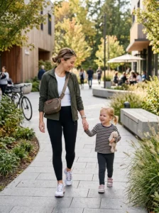 Mom and child outdoors with the mother wearing a comfortable sporty outfit.