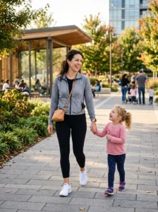 Alt Text: Mom and child outdoors with the mother wearing a comfortable sporty outfit.