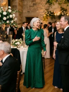 Alt Text: Mother of the bride wearing a unique elegant gown at a wedding reception.