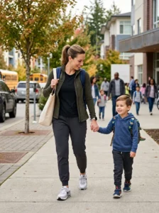 Alt Text: Mom wearing comfortable sporty clothing while spending an active day with her child.