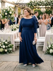 Alt Text: Confident plus-size mother of the bride wearing a well-fitted elegant gown.