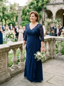 Alt Text: Confident plus-size mother of the bride wearing a comfortable elegant gown.