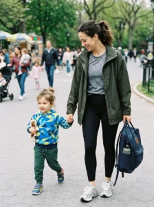 Mom wearing a practical sporty outfit designed for comfort and movement.
