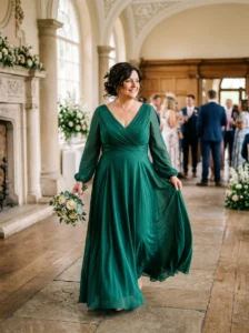 Alt Text: Plus-size woman wearing a draped jersey mother of the bride dress.