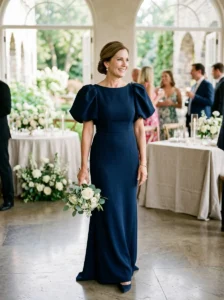 Alt Text: Mother of the bride wearing a distinctive modern formal silhouette.