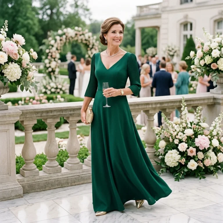 Alt Text: Modern mother of the bride wearing an elegant jewel-toned gown at a wedding
