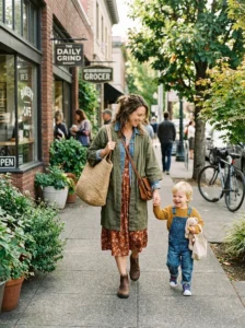Alt Text: Boho mom outfit for school runs and everyday errands