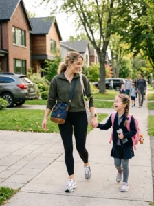 Mom wearing a sporty casual outfit while running errands with her child.