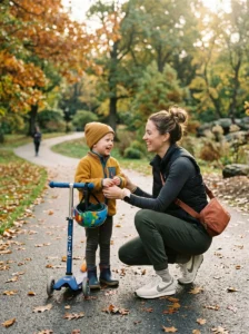 Mom wearing supportive sneakers with a comfortable sporty outfit.