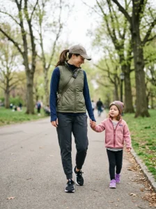 Mom wearing high-waisted leggings with a cropped puffer jacket.