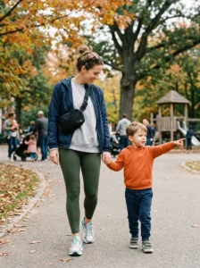 Mom wearing a comfortable sporty outfit that combines style, mobility, and practical layers.