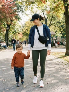 Alt Text: Mom wearing a comfortable sporty outfit that combines style, mobility, and practical layers.