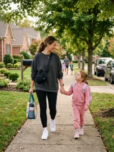 Alt Text: Mom wearing a sporty casual outfit while running errands with her child.