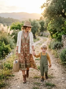 Alt Text: Stylish mom wearing a relaxed boho outfit while spending time with her child