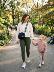 Mom walking with her child in a comfortable and polished sporty outfit.