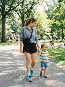 Mom wearing athletic clothes with a zip-up hoodie tied around her waist.