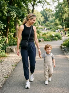 Mom wearing joggers with a fitted tank top and sneakers.
