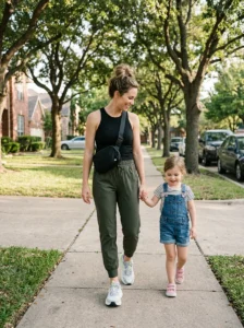 Alt Text: Mom wearing joggers with a fitted tank top and sneakers.