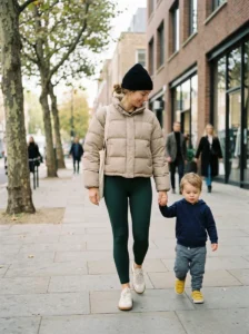 Alt Text: Mom wearing an elevated athleisure outfit with a structured jacket.