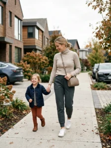 Alt Text: Mom wearing high-waisted leggings with a cropped puffer jacket.