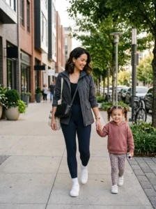 Alt Text: Mom wearing layered sporty clothing for changing outdoor weather.