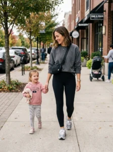 Mom wearing supportive sneakers with a comfortable sporty outfit while walking with her child.