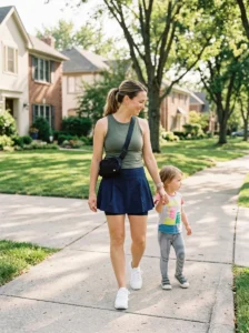Alt Text: Mom wearing running shorts with a lightweight pullover and sneakers.