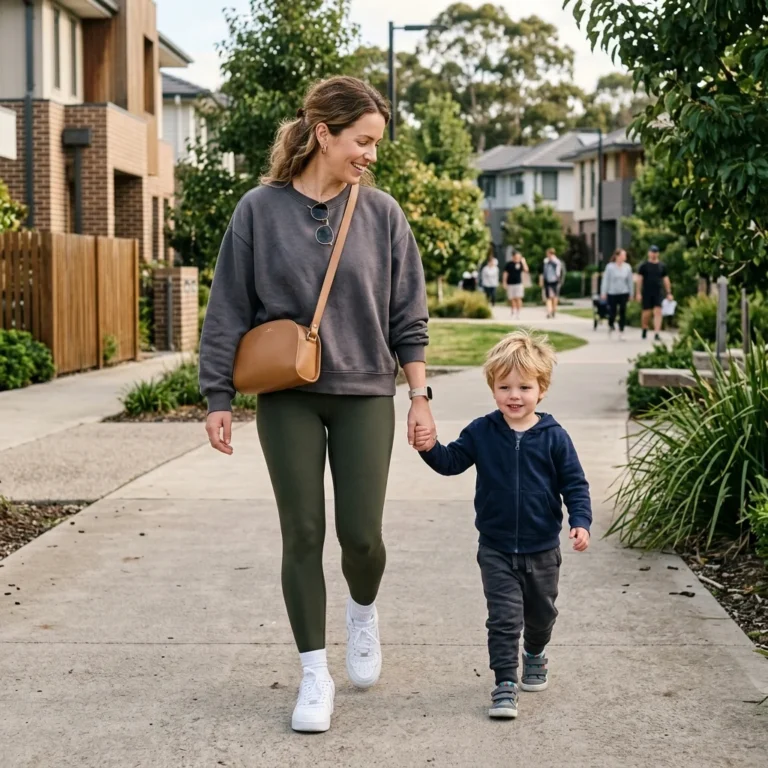 Stylish mom wearing a comfortable sporty outfit with leggings, sweatshirt, sneakers, and a crossbody bag.