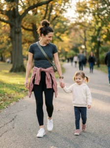 Sporty mom outfit featuring supportive sneakers and a practical crossbody bag.