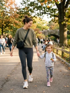 Alt Text: Mom walking with her child in a comfortable and polished sporty outfit.