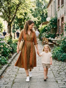 Alt Text: Boho mom wearing wide-leg linen pants and a fitted tee