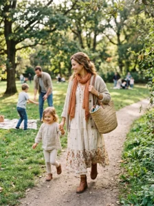 Alt Text: Comfortable boho mom outfit with flowing layers and natural fabrics