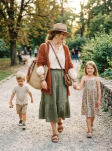 Alt Text: Boho mom wearing a button-down tunic and leggings