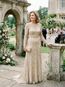 Alt Text: Mother of the bride wearing an elegant high-low hemline gown.