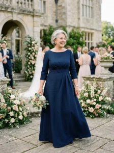 Alt Text: Plus-size mother of the bride wearing an elegant jewel-toned formal gown.