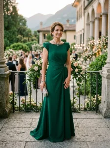 Alt Text: Mother of the bride wearing a sophisticated gown in an unexpected rich color.