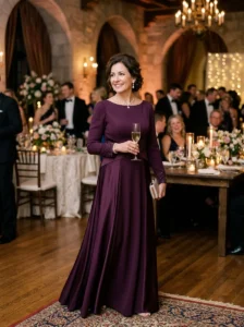 Alt Text: Mother of the bride wearing a textured formal gown with elegant fabric details.