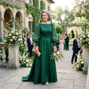 Alt Text: Elegant mother of the bride wearing a unique formal gown at a wedding.