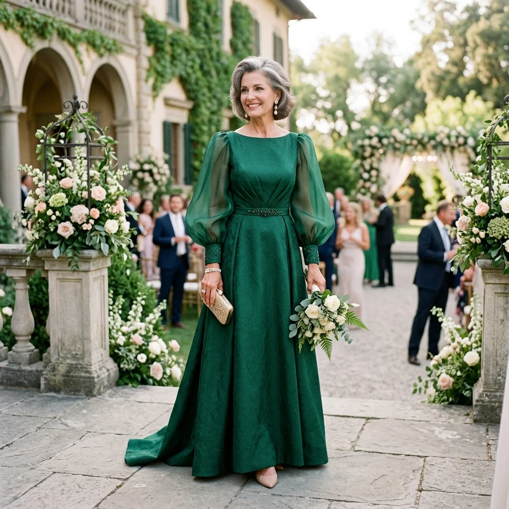 Alt Text: Elegant mother of the bride wearing a unique formal gown at a wedding.