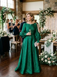 Alt Text: Confident mother of the bride wearing a memorable elegant formal gown.