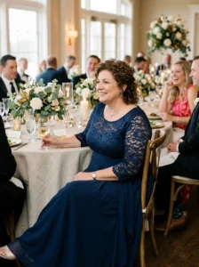Alt Text: Plus-size mother of the bride comfortably seated in an elegant formal gown.