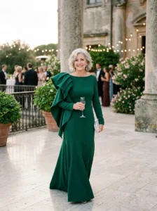 Alt Text: Mother of the bride wearing a subtle metallic jacquard gown.