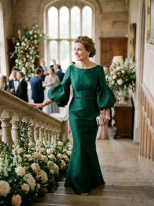 Alt Text: Mother of the bride wearing an elegant gown with a distinctive statement detail.